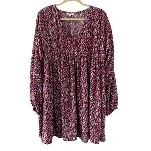 Umgee Maroon Floral Long Sleeve Babydoll Tunic Dress Sz L 100% Dress